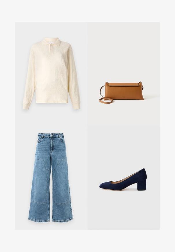 Krämfärgad långärmad polo-shirt med texturerad tyg, treknappslåsstängning och manschetter på ärmarna, med ett subtilt blommönster.; Ljusblå denim bredbenade jeans med hög midja, stora framfickor och synlig sömnad. Har en klassisk femficksdesign.; Mörkblå mockapumps med spetsig tå och medelhög blockklack. Slät textur med en subtil glans och en liten utskärning framtill.; Brun läder clutch-väska, rektangulär form, strukturerad yta, avtagbar rem, dragkedjestängning, subtil logo präglad på framsidan.