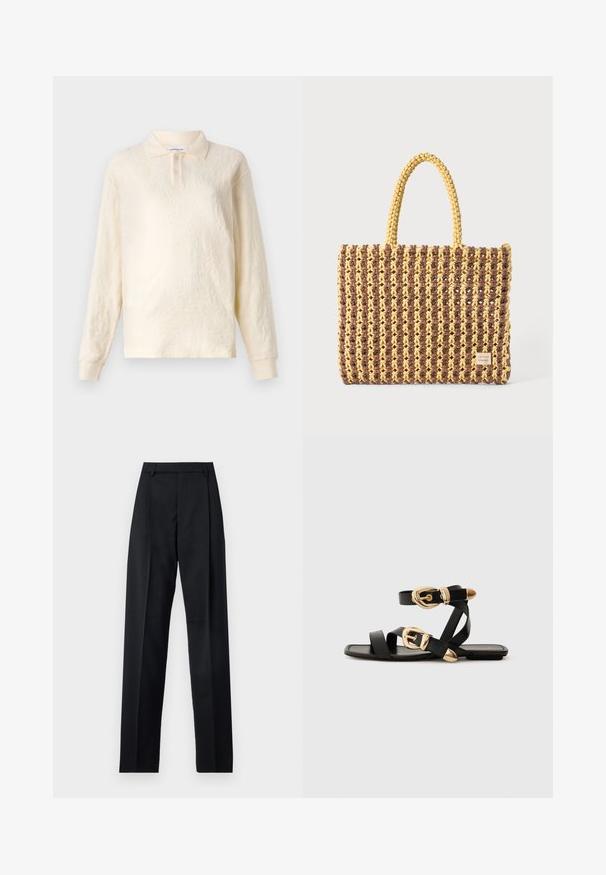 Polo a maniche lunghe color crema con tessuto texture, colletto a tre bottoni e maniche con polsini, caratterizzato da un delicato motivo floreale.; Pantaloni neri realizzati in tessuto morbido, caratterizzati da vita alta, gambe larghe, pince frontali e classiche passanti per cintura. Non ci sono tasche laterali visibili.; Sandali neri in pelle con dettagli in oro, caratterizzati da più cinghie e una suola piatta per un design open-toe.; Borsa intrecciata marrone e gialla, con forma rettangolare, due cinghie per manico e una finitura testurizzata con cuciture visibili e un'etichetta del marchio.