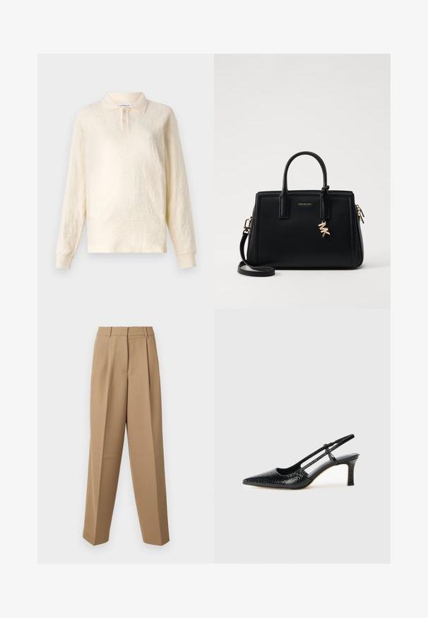 Kremfarget langermet polo skjorte med teksturert stoff, tre knapper i plassen, og mansjetterte ermer, med et subtilt blomstermønster.; Beige skræddersyede bukser med høj talje, plisseret front og brede ben. Stof virker glat med en let glans.; Sorte patent slingback hæl med spids tå, featuring tekstureret slangeskind, justerbar rem og en kort, tekstureret blokhæl.; Svart skinnhåndveske med strukturert design, doble topphåndtak, avtakbar skulderrem, gullfarget hardware og en logo-detalj.