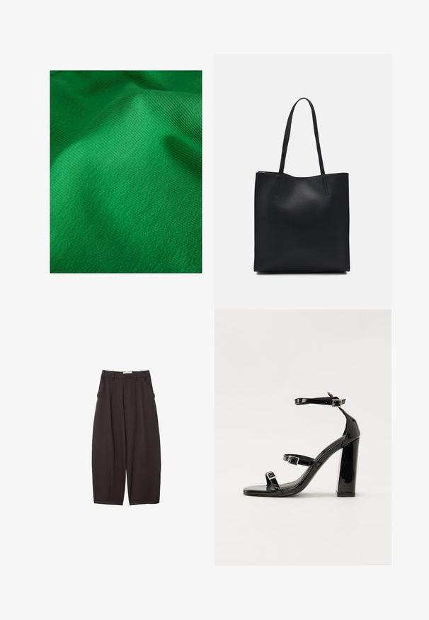 Tessuto verde testurizzato con un fine motivo a coste, che presenta caratteristiche di superficie liscia e morbida. Leggero lucore visibile.; Pantaloni neri a gamba larga realizzati in un tessuto morbido, con vita alta, pieghe frontali e tasche laterali. Design semplice senza decorazioni.; Sandali con tacco alto in vernice nera con due cinturini con fibbia, punta quadrata e tacco spesso a blocco, caratterizzati da una texture liscia e lucida.; Borsa tote in pelle nera con texture liscia, forma rettangolare e due manici lunghi. Nessun hardware o decorazione visibile.