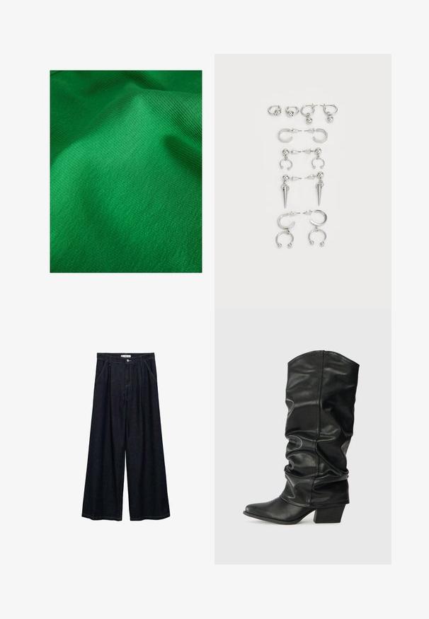 Zelená texturovaná látka s jemným žebrovaným vzorem, vykazující hladké a měkké povrchové vlastnosti. Mírný lesk je patrný.; Tmavě modré široké kalhoty s vysokým pasem, které mají zapínání na přední knoflík, dvě boční kapsy a švy.; Černé kožené vysoké boty po kolena se sklopeným designem, špičatou špičkou a masivním podpatkem, s hladkým povrchem a minimálním šitím.; Sada stříbrných náušnic s různými designy: kruhy, pecky a visací styly, se kuličkovými akcenty a špičatými prvky.