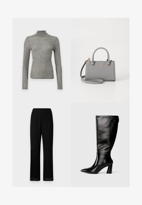 Samsøe Samsøe DOU - Long sleeved top - grey; Black, wide-leg trousers with a creased texture and elastic waistband. The fabric is lightweight and flows, with a straight cut to the hem.; Knee-high black leather boot with a pointed toe, smooth texture, and a chunky heel. Features a zipper detail at the back.; Tommy Hilfiger ETERNITY MICRO TOTE MONO - Handbag - universal grey