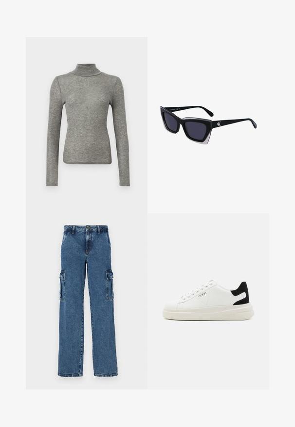 Samsøe Samsøe DOU - Long sleeved top - grey; Blue denim cargo pants with a relaxed fit, featuring two side pockets, reinforced stitching, and a straight leg design.; White leather sneakers with a thick white sole, black suede heel accent, and embossed logo on the side. Laced design with six eyelets.; Black oversized sunglasses with a geometric shape, featuring dark lenses and a contrasting grey detail on the frame. Logo on the arm.