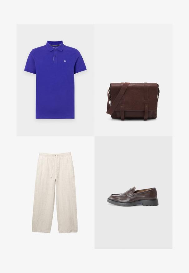 Polo shirt in donkerpaars katoen, met een knoopsluiting met twee knopen, korte mouwen en een klein logo op de linkerbovenborst. Zachte textuur.; Linnen broeken in lichtbeige, met een elastische tailleband met een trekkoord, een wijde pasvorm en zijzakken. Gladde textuur.; Bruine leren instappers met een gladde afwerking, ronde neus, minimale stiksels en een dikke zwarte rubberen zool. Geen zichtbare hardware of accenten.; Bruine lederen schoudertas met een platte voorflap, twee banden, gouden hardware-accenten en een verstelbare schouderband.