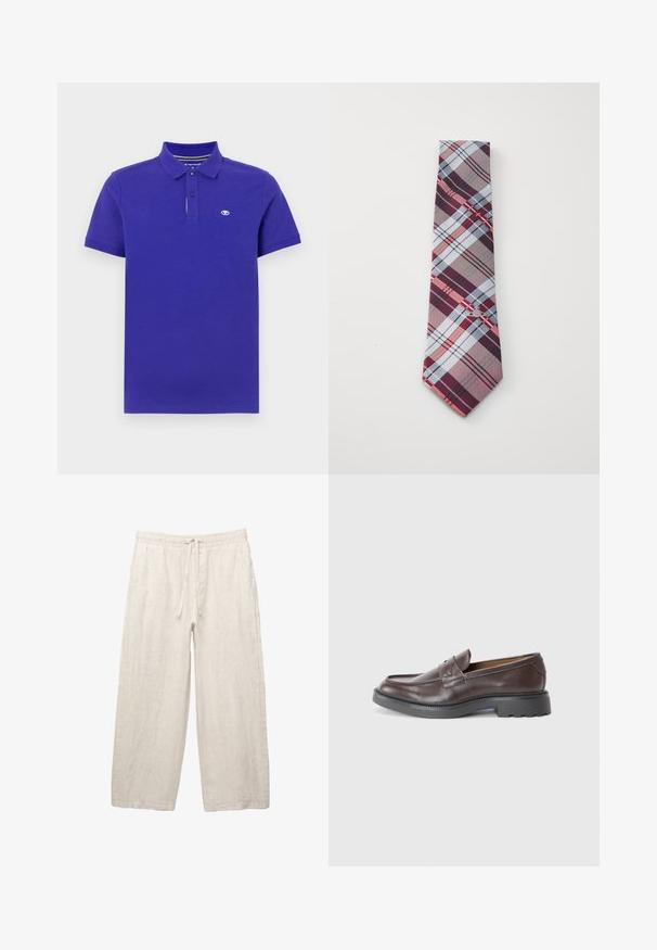 Polo tričko v tmavo fialovej bavlne, s dvojitým gombíkovým zapínaním, krátkymi rukávmi a malým logom na ľavej hrudi. Mäkšia textúra.; Ľanové nohavice v svetlej béžovej farbe, s elastickým pásom na šnúrku, širokým strihom a bočnými vreckami. Hladká textúra.; Hnedé kožené mokasíny s hladkým povrchom, okrúhlou špičkou, minimálnym prešívaním a hrubou čiernou gumovou podrážkou. Žiadne viditeľné kovové prvky ani akcenty.; Károvaná kravata s vzorom vínovej, šedej, modrej a červenej pruhov. Vyrobená z hladkej látky s špicatým hrotom.