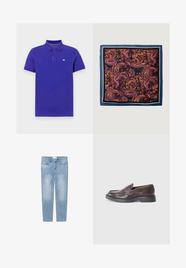 Polo skjorte i mørke violet bomuld, med en to-knaps knaplukning, korte ærmer og et lille logo på venstre bryst. Blød tekstur.; Lysblå jeans med lige ben lavet af denim. Har et fem-lomme design, slidte områder og et mærke ved taljen. Ingen pynt.; Brune læder loafers med en glat overflade, rund tå, minimal syning og en tykk sort gummisål. Ingen synlig hardware eller accenter.; Silke tørklæde med et paisley mønster i dyb rød, orange og lilla, kantet med mørkeblå og sort, med en glat tekstur.