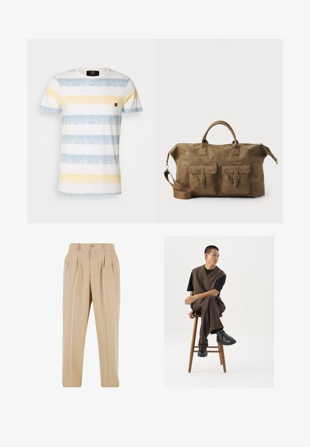Raidallinen puuvillapaita, jossa on vaakasuoria vaaleansinisiä, keltaisia ja valkoisia raitoja. Paita sisältää pienen ruskean nahkaakunoinnin rintataskussa.; Pitkähihainen nappikauluspaita pehmeässä keltaisessa kankaassa, jossa on teksturoitu pinta, kaulus ja yksi vasemmalla puolella oleva rintatasku.; Vaaleanbeige taitettu housut suoran lahkeen muotoilulla, valmistettu sileästä kankaasta, jossa on napp closure ja vyölenkit vyötäröllä.; Ruskea neulottu liivi mustan t-paidan päällä, yhdistettynä ruskeisiin leveisiin housuihin ja mustiin paksupohjaisiin kenkiin, istuu puukorokkeella.; Ruskea nahkainen duffel-laukku, jossa on kaksi etutaskua, säädettävä olkahihna, kultaiset yksityiskohdat ja tukevat yläkahvat. Lisääntynyt sileä rakenne.