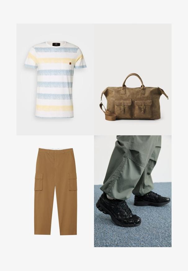 Prúžkované bavlnené tričko s horizontálnymi svetlomodrými, žltými a bielymi pruhmi. Obsahuje malé hnedé kožené akcenty na vrecku na hrudi.; Hnedé cargo nohavice s dvoma bočnými vreckami, rovný strih a hladký predný diel. Vyrobené z odolnej látky s jemnou textúrou.; Čierne atletické tenisky s lesklými a sieťovinovými textúrami, so silnou podrážkou a šnúrkami, kombinované s voľnými olivovo-zelenými cargo nohavicami.; Hnedá kožená taška na cestovanie s dvoma prednými vreckami, nastaviteľným ramenným popruhom, zlatými kovovými doplnkami a pevným horným uchom. Hladký povrch.