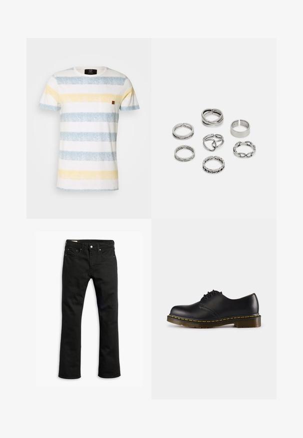 Prúžkované bavlnené tričko s horizontálnymi svetlomodrými, žltými a bielymi pruhmi. Obsahuje malé hnedé kožené akcenty na vrecku na hrudi.; Čierne džínsy z denimu so strihom rovného nohu, s piatimi vreckami, kovovým zapínaním a jemnými prešitými detailmi. Hladká textúra a jednofarebný vzhľad.; Čierna kožená topánka s okrúhlou špičkou, šnurovací dizajn, žlté prešívanie pozdĺž podrážky a masívna, textúrovaná gumová podrážka.; Sada siedmich strieborných prsteňov s rôznymi dizajnmi, vrátane skrútených, prepojených a gravírovaných vzorov. Rôzne tvary a šírky.