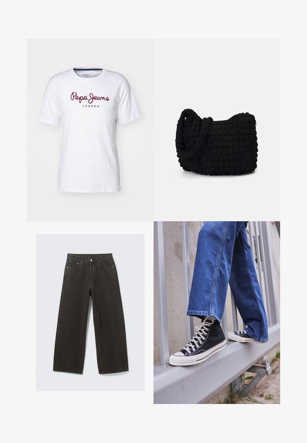 Valge puuvillane T-särk, millel on tumepruun "Pepe Jeans" logo ja "LONDON" tekst, ümmargune kaelus, lühikesed varrukad ja mugav lõige.; Laiad mustad teksad omavad kõrge vöökoha, viit taskut ja nööbiga sulgemist. Kangas on pehme ja tekstuuriga viimistlusega.; Mustad mustade kõrgete tossudega, millel on valge tallaga ja valged paelad, koos vaba sinise denimidega, mis puhkavad hallil piiridel.; Must mustkott, millel on tekstuuriga tikitud muster. Ümar kuju, lühikesed ja jämedad sangad ning pehme, paindlik struktuur.