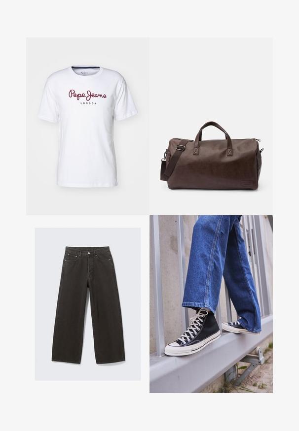 Hvit bomulls t-skjorte med maroon "Pepe Jeans" logo og "LONDON" tekst, rund hals, korte ermer og avslappet passform.; Bredde ben svart denim jeans har høy midje, fem lommer og knappestolpe. Stoffet har en myk, strukturert overflate.; Svarte høy-hælte joggesko med hvit såle og snøring, paired med løse blå denim-jeans, hvilende på et grått rekkverk.; Brun syntetisk lær duffelbag med doble håndtak og justerbar skulderreim. Har glidelåslukking og rektangulært bunndesign.