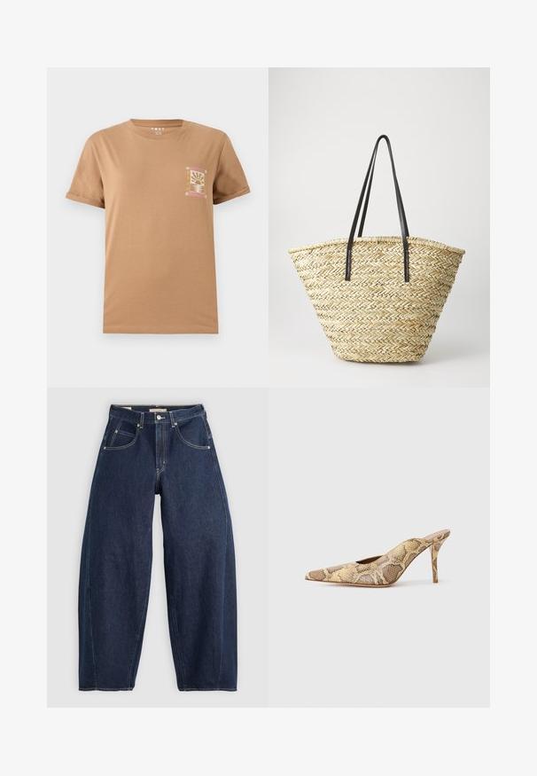 Brūns kokvilnas T-krekls ar īsām piedurknēm. Uz kreisās krūts zonas ir mazs, krāsains grafiks ar saulrieta tēmu.; Tumši zili denim džinsi ar brīvu piegriezumu, gaišiem šuvumiem, piecām kabatām un pogu aizdari jostasvietā.; Norakā uzpirkste siksnās papēži ar faktūras čūsku rakstu, kurā ir beidzīga un brūna nokrāsa; izceļas ar stiletto papēdi un izgrieztām pusēm.; Auduma salmu soma ar plašu, sašaurinošu formu, aprīkota ar divām melnām ādas rokām. Dabiski beidža krāsa ar teksturētu virsmu.