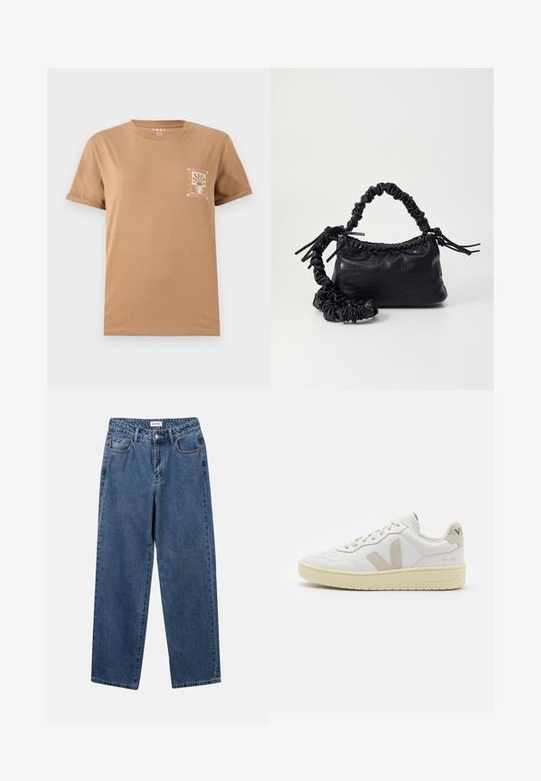 Brun bomulds T-shirt med korte ærmer. Har et lille, farverigt grafisk motiv på venstre bryst område, der skildrer et solnedgangstema.; Klassiske blå denimbukser med lige ben, fem lommer og knaplukning. Har en medium vask og en robust tekstur.; Hvide lærreds sneakers med beige ruskindsdetaljer, perforeret tåboks, flade snørebånd og en struktureret cremefarvet sål. Har diskret branding på hælen.; Sort kunstlæder håndtaske med krokodilteksur, indsnøret top og en sammenkrøben rem. Ser blød og kompakt ud i designet.