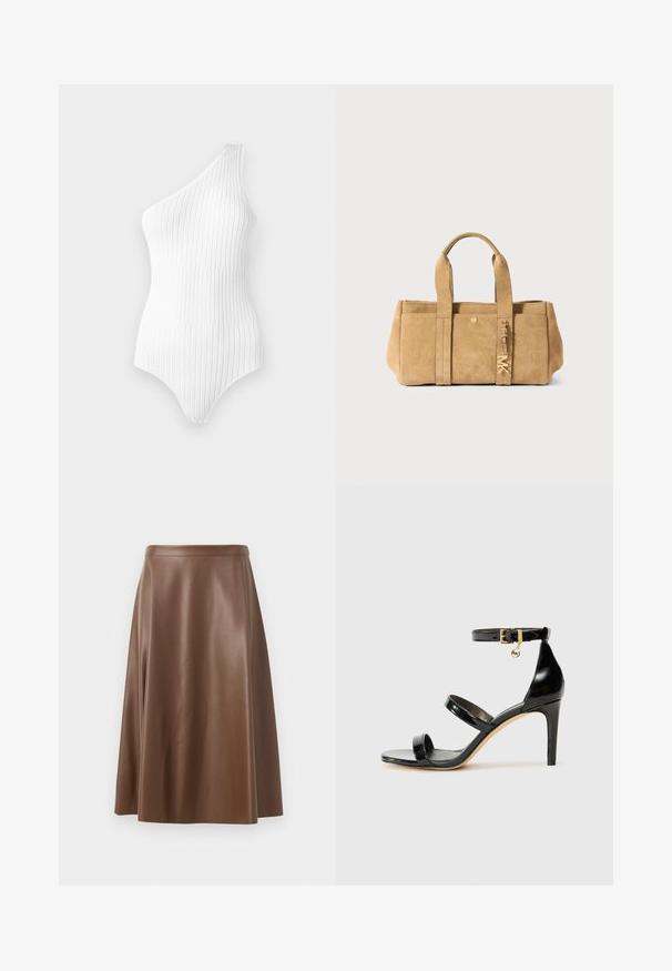 Vit ribbad bodysuit med en axel och vertikala ränder. Slät textur och figurnära design, med högskuren ben ärm och minimalistisk halsringning.; Svart läder skjorta med knappstängning framtill, spetsig krage och två bröstfickor. Har en lös passform och slät textur.; Brun läder A-linje kjol med en slät struktur och medellång fåll. Har en åtsittande midja och en lätt utsvängning från höfterna.; Svart lackskinnsandaler med tre remmar, ankelspänne och 10 cm stilettklack. Har detaljer i guldmetall och logokaraktär.; Tan mockaskinn tote-väska med två handtag ovanpå, med en framficka, detaljer i guld och en mjuk, texturerad yta.