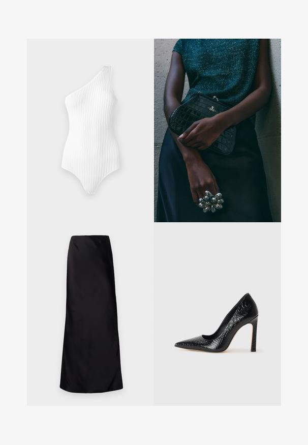 Hvid ribbet bodystocking med ensartede striber. Glat tekstur og tætsiddende design med højskåret ben og minimal halsudskæring.; Norma Kamali BIAS OBIE SKIRT - Maxinederdele - black; Sorte spidse tå stiletto-sko i krokodilleskind med et strømlinet design, høj hæl og glat sort inderside.; Sorte clutchtaske med krokodillemønster og sølvhardware, holdt mod en tekstureret grå baggrund. Har en blank overflade.