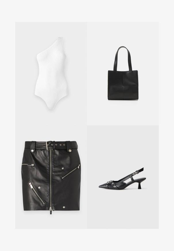 Weißes, geripptes Ein-Schulter-Bodysuit mit senkrechten Streifen. Glatte Textur und figurbetontes Design, mit einem hochgeschnittenen Bein und minimalem Ausschnitt.; Schwarzer Leder-Minirock mit einem Reißverschluss vorne, mehreren Reißverschlusstaschen, einem Gürtel mit Schnalle und silbernen Hardware-Akzenten.; Schwarzer Leder-Slingback-Schuh mit spitz zulaufender Zehenpartie, dekorativen Riemen mit METALLÖSEN und niedrigem Blockabsatz. Strukturelle Oberfläche.; Schwarze Leder-Umhängetasche mit zwei Griffen, rechteckiger Form, glatter Textur und genähtem Paneeldesign. Keine Beschläge oder zusätzlichen Akzente.