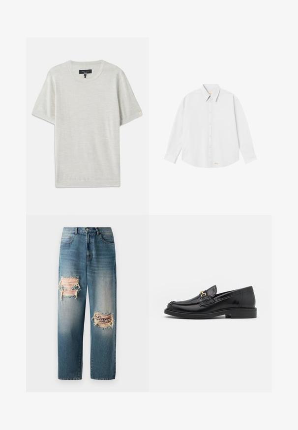 rag & bone AULTON TEE - Lihtne T-särk - ivory; Valge nööpidega särk klassikalise kraega, pikkade varrukatega ja ümarate servadega; paremas alumises nurgas on väike oranž logo.; Heledad sinine teksapüksid, millel on lõtv istuvus, esiküljel kaks kulumislaiku fraktsioneeritud servadega ja tuhmunud pesu.; Mustad nahast loafers ümarate varvastega, millel on kuldne riistvaraline aksessuaar ja tikandite detail, paigutatud madalale, tekstureeritud kummist tallale.