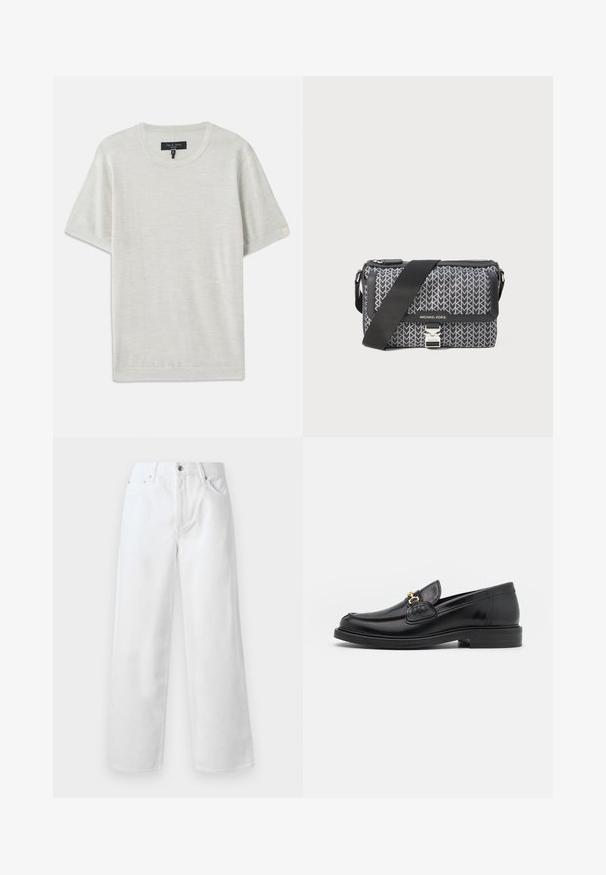 rag & bone AULTON TEE - T-Shirt basic - ivory; rag & bone BAGGY - Baggy Jeans - white; Schwarze Lederleter mit einer abgerundeten Zehenpartie, ausgestattet mit goldenen Hardwareakzenten und Stichdetails, auf einer niedrigen, strukturierten Gummisohle.; Schwarz- und grau gemusterte Umhängetasche mit geometrischem Design, Reißverschluss und silberfarbener Hardware-Akzent. Verstellbarer Gurt inklusive.