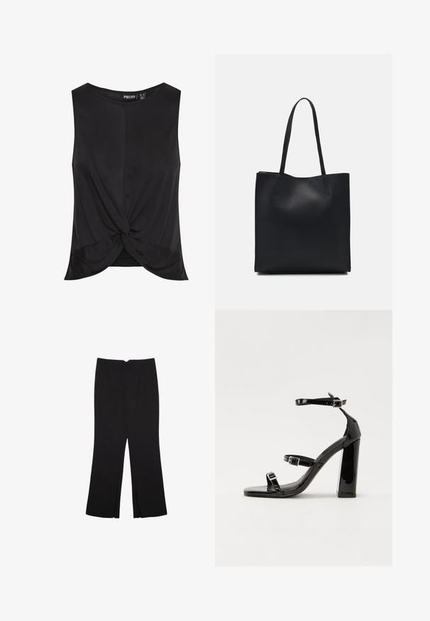 Czarny bezrękawnik z charakterystycznym węzłem z przodu, wykonany z gładkiego, lekkiego materiału o luźnym kroju.; Czarne spodnie o prostym kroju, z przednimi kieszeniami i bocznymi rozcięciami na dole. Wykonane z miękkiego, gładkiego materiału. Odpowiednie na różne okazje.; Czarne lakierowane sandały na wysokim obcasie, z dwoma paskami zapinanymi na klamry, kwadratowy nosek i masywny obcas typu słupek, o gładkiej, błyszczącej fakturze.; Czarna skórzana torba tote o gładkiej fakturze, prostokątnym kształcie i dwóch długich uchwytach. Brak widocznych elementów metalowych i ozdób.