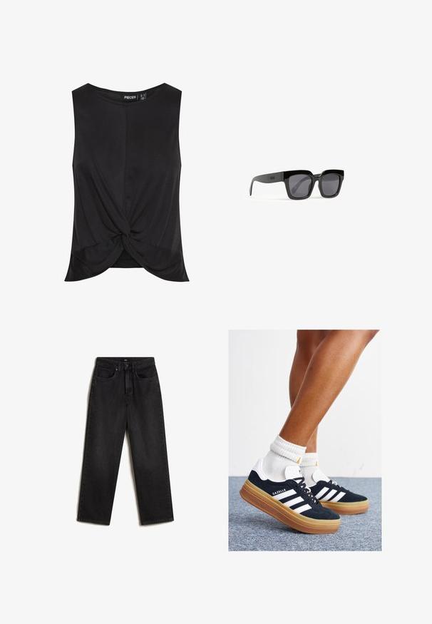 Musta hihaton paita, jossa on edessä kierretty solmukohta, valmistettu sileästä, kevyestä kankaasta ja rentosta istuvuudesta.; Vans SIRELLE POCKET PUDDLE - Relaxed fit -farkut - black; Musta mokkanahkainen tennari, jossa valkoiset raidat ja yksityiskohdat, pyöreä kärki, purukumipohja, yhdistetty valkoisiin ribbineuleisiin nilkkasukkiin.; Mustat suorakulmaiset aurinkolasit tummilla linsseillä, paksut kiiltävät kehykset ja hillitty brändäys sivulla. Sopii eri kasvojen muodoille.