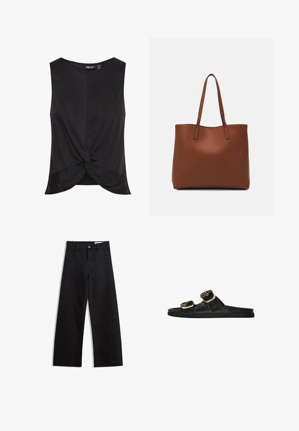 Fekete, ujjatlan felső, elülső csavart csomó részlettel, sima, könnyű anyagból készült, laza szabással.; Fekete, bő szabású farmernadrág magas derékkal, elülső és hátsó zsebekkel, varrott felületekkel és gombos záródással. Sima textúra.; Fekete csúszó szandál, két arany csattal, sima textúrájú anyagból, lapos talppal és minimalista dizájnnal.; Barna bőr vászontáska sima textúrával, nyitott tetejű dizájnnal és két vállpánttal. Minimális varrással és látható hardver nélkül készült.