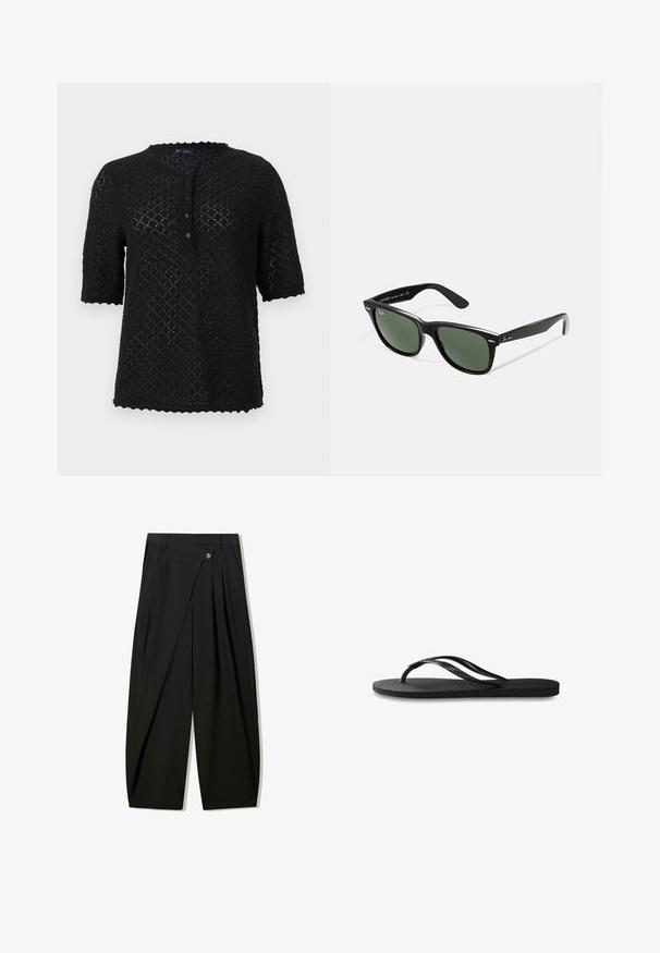 Čierny pletený top s krátkym rukávom a textúrovaným diamantovým vzorom, volánovým výstrihom a zapínaním na gombíky vpredu. Má voľný strih.; Čierne široké nohavice vyrobené z hladkej látky, s prednými skladmi, zapínaním na gombík a strihom, ktorý poskytuje štruktúrovaný siluetu.; Čierne žabky s textúrovanou gumovou podrážkou, dvoma štíhlymi popruhmi a diskrétnym embosovaným logom na popruhu.; Čierne plastové slnečné okuliare so zelenými šošovkami, štvorcové rámy, strieborný akcent na obočí a textúrované ramenné opierky. Brand uvedený na vnútornej strane ramien.; Malý čierny lesklý kožený sáčok na šnurovanie s krátkymi uchami na svetlošedej pozadí.
