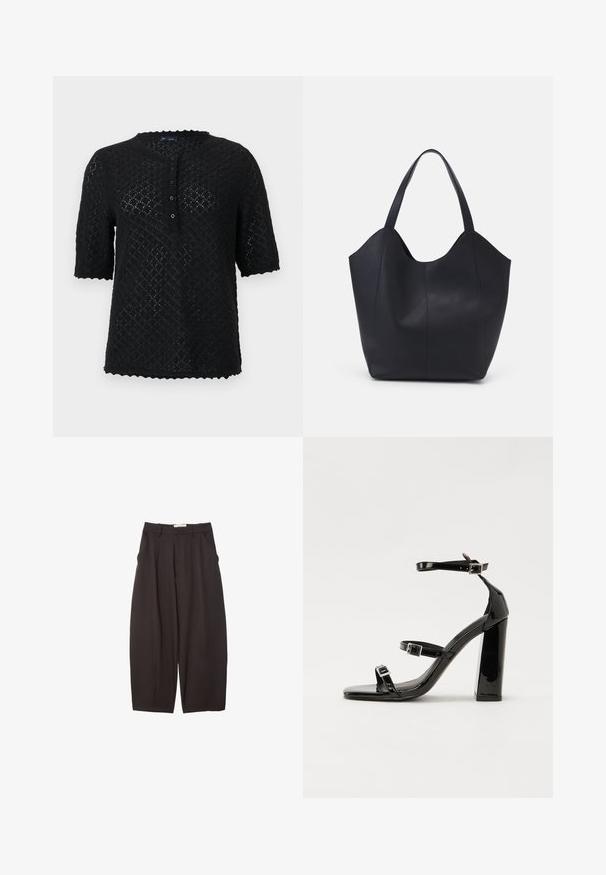 Czarny krótkosleeve'owy sweter dzianinowy z teksturowanym wzorem w diamenty, falbaniastym dekoltem i zapięciem na guziki z przodu. Posiada luźny krój.; Czarne spodnie o szerokich nogawkach wykonane z gładkiego materiału, z wysokim stanem, plisami z przodu i bocznymi kieszeniami. Prosty fason bez zdobień.; Czarne lakierowane sandały na obcasie z kwadratowym noskiem, z paskami wokół kostki i srebrnymi klamrami. Posiadają masywny słupek dla stabilności.; Czarna torba na ramię wykonana z gładkiej skóry, z zaokrąglonym, otwartym topem i dwoma paskami na ramię oraz minimalistycznym designem.