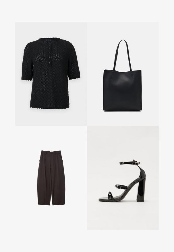 Schwarzes kurzärmliges Strickoberteil mit strukturiertem Rautenmuster, gewelltem Ausschnitt und Knopfverschluss vorne. Bietet eine lockere Passform.; Schwarze weit geschnittene Hosen aus einem glatten Stoff, mit hoher Taille, Frontfalten und Seitentaschen. Schlichtes Design ohne Verzierungen.; Schwarze patentierte Sandalen mit Absatz, quadratischer Spitze, Knöchelriemen und silbernen Schnallen. Mit einem stabilen Blockabsatz für mehr Stabilität.; Schwarze Laptoptasche aus Leder mit glatter Textur, rechteckiger Form und zwei langen Griffen. Keine sichtbaren Beschläge oder Verzierungen.