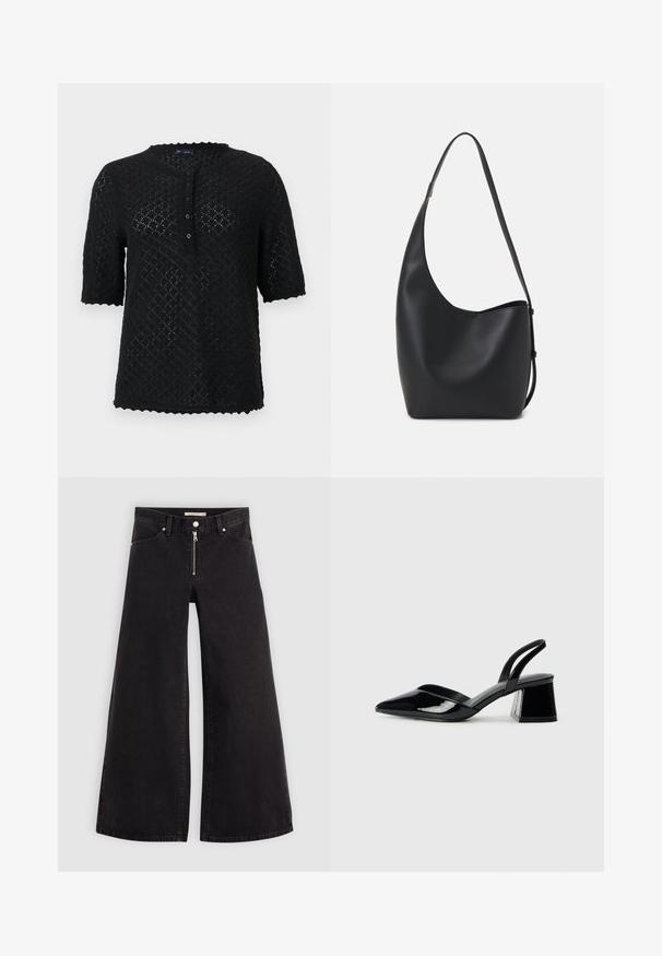 Black short-sleeve knitted top with a textured diamond pattern, scalloped neckline, and front button closure. Features a relaxed fit.; Wide-leg jeans in black denim with a zippered front, five-pocket design, and subtle stitching details. Smooth texture and casual style.; Black patent leather slingback heels with a pointed toe and a geometric block heel. Features a sleek, minimal design and smooth texture.; Black leather hobo bag with a smooth texture, curved shape, and single adjustable strap; features a wide opening at the top.