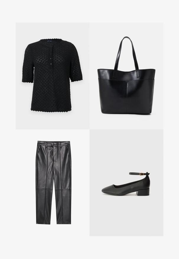 Must have lühikeste varrukatega must kootud topp, millel on tekstuuriga diamondsidisain, laineline kaelus ja ees olev nupuga kinnitamine. Omab vabamat lõiget.; Mustad nahkpüksid sileda tekstuuriga, sirge lõikega, kahe eesmine taskuga ja nähtavate õmblusteta.; Must mustaapp, millel on terav nina ja madal blokk-kand. Omab pahkluu rihma koos kuldse tooni pandlaga. Sile tekstuur.; Must mustaga musta nahast, millel on kaks pikka kanda, sile tekstuur ja struktureeritud kuju. Esipoolsel on lisakoti jaoks tasku.