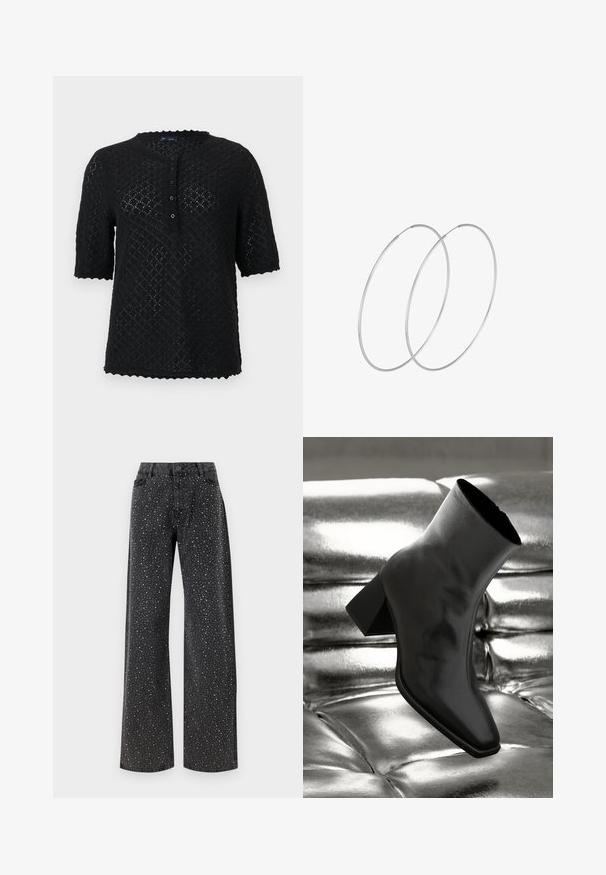 Top corto a maniche corte in maglia nera con un motivo a diamante testurizzato, scollatura a scallop e chiusura frontale con bottoni. Caratterizzato da una vestibilità comoda.; Noisy May NMJANNEL LOOSE - Jeans baggy - black denim; Stivale alla caviglia nero realizzato in materiale lucido con punta quadrata e tacco affusolato, posizionato su uno sfondo argentato lucido con imbottiture a sfera.; Orecchini a cerchio in argento con un design minimalista. Forma circolare, superficie liscia e profilo sottile. Leggeri con una finitura lucida.