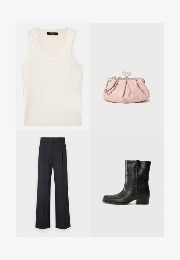 Weißes, ärmelloses Tanktop aus weichem Stoff. Hat einen runden Ausschnitt und gerippte Kanten, mit einer glatten Textur und ohne sichtbare Muster.; Dunkelblaue Nadelstreifenhosen mit hoher Taille, weit geschnittenem Bein und ohne sichtbare Beschläge oder Verzierungen. Glatte Textur und taillierte Passform.; Schwarze Leder-Ankle Boots mit runder Zehenform, Blockabsatz, seitlichem Reißverschluss und gestickten Akzenten auf dem Blatt. Glatte Textur, klassisches Design.; Rosa Leder-Clutch mit einem gerafften Design, Metallrahmen, zwei runden Verschlüssen und einem silbernen Kettenriemen. Glatte Textur, kompakte Form.