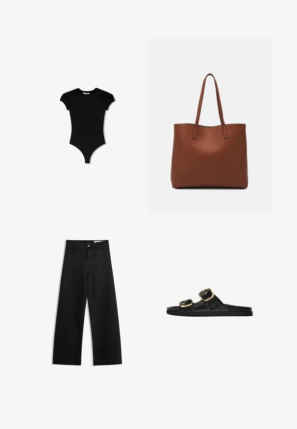 Črna bodi majica s kratkimi rokavi in okroglim izrezom, z visokimi odprtinami za noge, izdelana iz gladkega, elastičnega materiala.; Črne široke denim hlače z visokim pasom, ki imajo sprednje in zadnje žepe, šivane šive ter gumbasto zapiranje. Gladka tekstura.; Črne drsne sandale z dvema zlatima zaponkama, gladkega materiala, ravnim podplatom in minimalističnim dizajnom.; Rjava usnjena torba z gladko teksturo, odprto zasnovo zgoraj in dvema naramnima trakovoma. Opremljena je z minimalnim šivanjem in brez vidnih kovinskih delov.