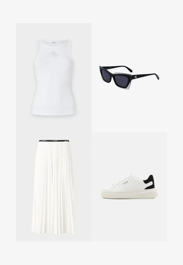 La camiseta de tirantes blanca con canalé presenta un cuello redondo y un diseño sin mangas. Incluye un pequeño bordado de logo plateado en el pecho.; Falda blanca plisada con una cinturilla elástica negra que presenta el logotipo "LACOSTE". Diseño de longitud media con textura suave.; Zapatillas blancas de cuero con una suela blanca gruesa, acento en el talón de ante negro y logo grabado en el lateral. Diseño de cordones con seis ojales.; Gafas de sol negras de gran tamaño con una forma geométrica, que presentan lentes oscuros y un detalle gris contrastante en la montura. Logo en la pata.