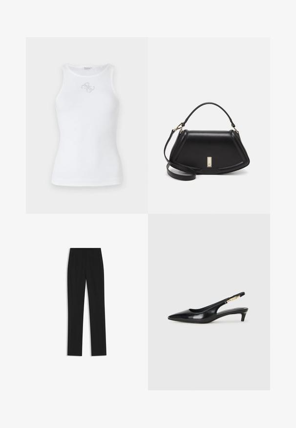 White ribbed tank top features a round neck and sleeveless design. Includes a small silver logo embroidery on the chest.; Black tailored trousers with a straight-leg design, featuring front pockets and a smooth, textured fabric. Neat, minimal detailing.; Black leather slingback heels with a pointed toe, featuring a slim heel and a gold-tone accent on the adjustable strap. Smooth texture.; Black leather handbag with a structured design, featuring a cropped shape, top handle, and gold hardware accent. Adjustable shoulder strap included.