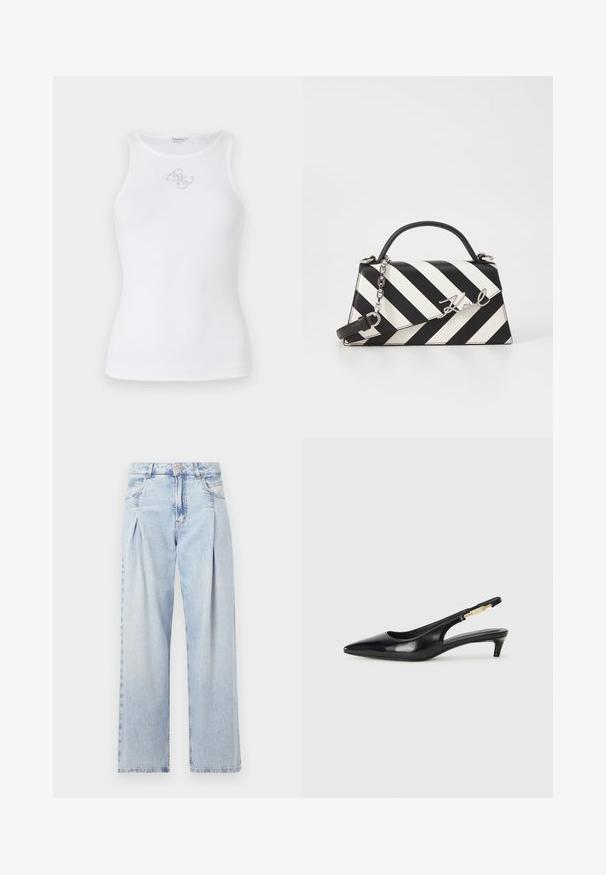 Ein weißes, geripptes Tanktop mit rundem Halsausschnitt und ärmellosem Design. Enthält eine kleine silberne Logo-Stickerei auf der Brust.; Helle blaue Denim-Jeans mit hoher Taille, weitem Beinschnitt, zwei seitlichen Taschen und gefaltetem Design. Weiche Textur mit einem ausgebleichten Finish.; Schwarze Leder-Slingback-Pumps mit spitzem Schuhblatt, ausgestattet mit einem schlanken Absatz und einem goldfarbigen Akzent am verstellbaren Riemen. Glatte Textur.; Schwarz-weiße gestreifte Handtasche mit strukturierter Form, ausgestattet mit einem oberen Griff, einem abnehmbaren Kettenriemen und einem metallischen Logo-Detail.