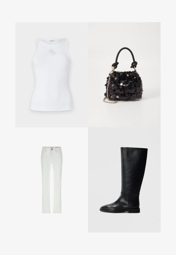 Top in cotone bianco a coste, presenta un collo rotondo e design senza maniche. Include un piccolo ricamo con logo argentato sul petto.; Jeans bianchi a vestibilità slim, con design a 5 tasche e cuciture a contrasto. Caratterizzati da una chiusura con bottone e una discreta etichetta del marchio in vita.; Stivale in pelle nera al ginocchio con punta arrotondata, texture liscia, design minimalista e suola piatta. Dettagli di cucitura semplici sulla gamba.; Mini borsa a tracolla nera in paillettes con una tracolla texturizzata annodata e catena argentata. Forma rotonda con parte superiore arricciata e dettagli riflettenti.