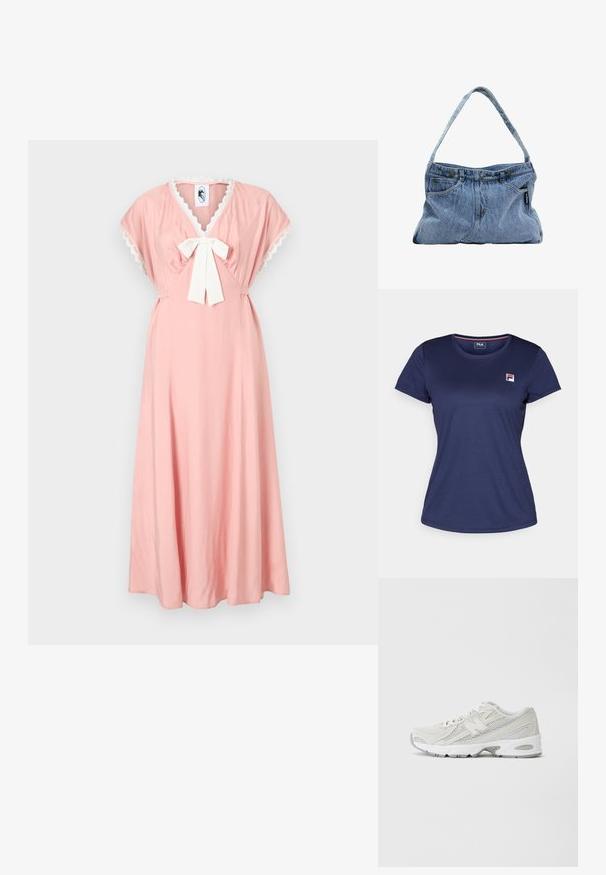 Granatowa koszulka z krótkim rękawem wykonana z gładkiego materiału, z małym logo Fila po lewej stronie klatki piersiowej. Okrągły dekolt i klasyczny krój.; Różowa sukienka z dekoltem w kształcie V, krótkimi rękawami w kształcie peleryny oraz białą kokardą na wysokości klatki piersiowej. Zawiera koronkowe wykończenie wzdłuż dekoltu. Wykonana z miękkiego materiału.; Lekkie buty biegowe z siateczkową cholewką w kolorze białym, szare akcenty, wyściółka w sole oraz teksturowane nakładki. Posiadają zintegrowany system sznurowania.; Denimowa torba na ramię z zakrzywionym paskiem, dwoma przednimi kieszeniami i zapięciem na guziki, wykonana z jasnoniebieskiego materiału z kontrastującymi detalami szycia.