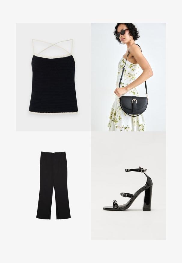 Črna kvačkana kamizola s kremastim valovitih robov, ki ima križane tanjše naramnice in prilegajoč silhueto. Gladka tekstura z horizontalnimi vzorci.; Črne hlače ravnega kroja z naglavnimi žepi in stranskimi razporki na robu. Narejene iz mehke, gladke tkanine. Primerne za različne priložnosti.; Črne lakirane sandale s peto, kvadratnim prstom, trakovi okrog gležnja in srebrnimi zaponkami. Opremljene so s stabilno Debelo peto.; Črna usnjena torbica s ukrivljeno obliko, z odstranljivo naramnico in zlatimi dodatki. Torbica ima pokrov s podrobnostmi v obliki zaponke.