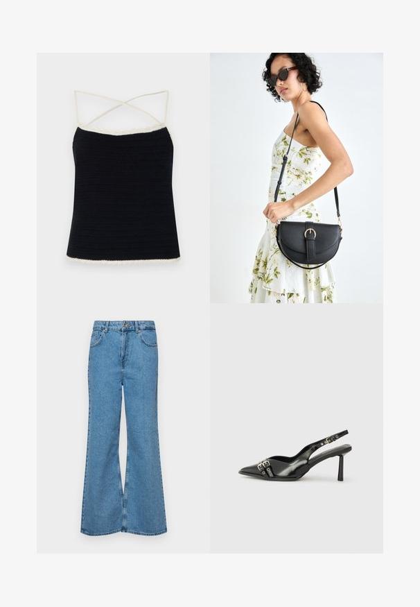 Črna kvačkana kamizola s kremastim valovitih robov, ki ima križane tanjše naramnice in prilegajoč silhueto. Gladka tekstura z horizontalnimi vzorci.; Svetlo modri razširjeni džins hlače iz denima, z visokim pasom, petimi žepi in enim gumbom za zapiranje. Mehka tekstura z blagim zbledelim videzom.; Črne patentne usnjene sandale s koničastim nosom, zankami okoli gležnja s srebrnimi sponkami in opremo ter vitkimi petami.; Črna usnjena torbica s ukrivljeno obliko, z odstranljivo naramnico in zlatimi dodatki. Torbica ima pokrov s podrobnostmi v obliki zaponke.