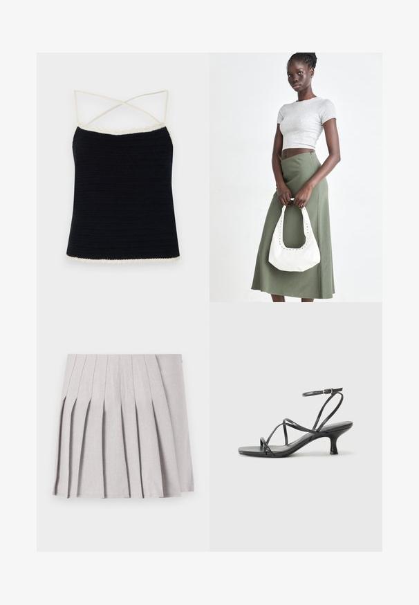 Black crochet camisole with cream scalloped trim, featuring crossed spaghetti straps and a fitted silhouette. Smooth texture with horizontal patterns.; Gray pleated skirt with a smooth texture, featuring multiple vertical folds and a fitted waistline. Made from lightweight fabric.; Black heeled sandals with thin straps, open toe design, and a small, flared heel. The material appears smooth and glossy.; Gray ribbed crop top and olive green high-waisted skirt. Model holds a white shoulder bag with cut-out detailing. Simple design, fitted silhouette.