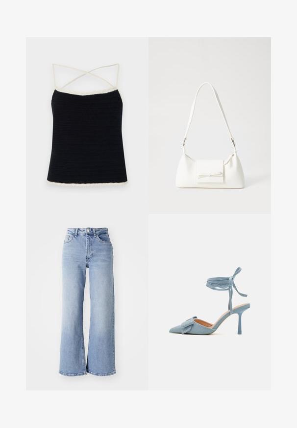 Zwart gehaakt camisole met crèmekleurige scalloped afwerking, voorzien van gekruiste spaghetti-bandjes en een getailleerde pasvorm. Gladde textuur met horizontale patronen.; Lichtblauwe hoge taille wijde pijpen jeans met voor- en achterzakken, knoopsluiting en subtiele vervagingen op de dijen en zomen.; Puntige stilettohakken in lichtblauw stof met een gestructureerde afwerking, voorzien van een strikaccent en enkelband voor een veilige pasvorm.; Witte synthetische handtas met een driehoekige vorm, platte voorklep en strikdetail, verstelbare schouderriem, gladde textuur en minimalistisch ontwerp.