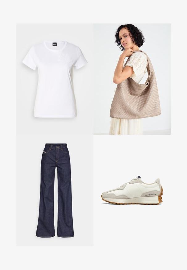 White cotton T-shirt with short sleeves. Features tonal floral embroidery on the left chest. Classic crew neck design.; Dark blue wide-leg jeans in denim fabric with a high waist, featuring orange stitching, five-pocket design, and a button closure.; White and beige sneaker with a smooth leather upper and suede accents. Features round laces, a cushioned sole, and a textured rubber outsole.; Woven beige tote bag with a slouchy design and a single shoulder strap. Features a textured pattern throughout the surface.; Silver metal earrings with a smooth, teardrop shape and a polished finish. Subtle engravings add detail. Minimalist design.