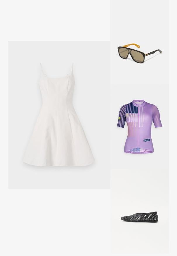 Purpurinė dviračių maikė trumpomis rankovėmis, su geometriniais raštais įvairiomis spalvomis, užtrauktuku, tinklinėmis detalėmis ir logotipo etikete.; Balta A formos suknelė su plonomis petnešėlėmis, turinti prigludusį liemenį ir plačią sijoną. Pagaminta iš lygaus audinio su švariu, minimalistiniu dizainu.; Juodos audinys slip-on šlepetės su tinklelio dizainu, plokščiu padu ir lygaus gumos medžiaga, užtikrinančia pralaidumą orui ir lankstumą.; Juodos didelės saulės akys su rudais lęšiais, rėmas su baltu akcentu ir kontrastingais geltonais šventais. Matomas prekės ženklas.