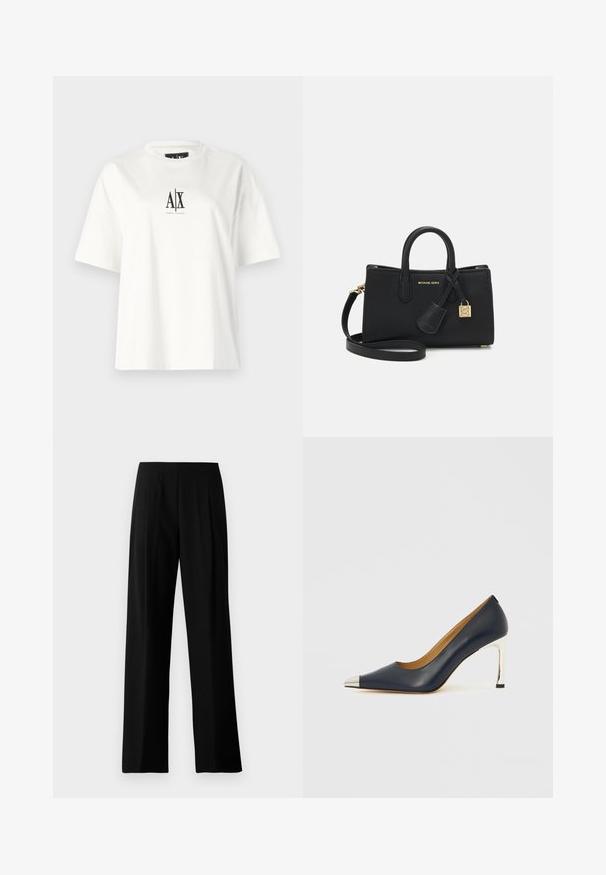 White cotton t-shirt featuring short sleeves, a relaxed fit, and a black logo print on the front center. Smooth texture, no additional patterns.; Black wide-leg trousers made of smooth fabric, featuring a flat waistband and front pleats for a tailored look. No visible hardware or patterns.; Navy leather high heel shoe with a pointed toe, featuring a silver metallic cap and a shiny silver stiletto heel.; Black leather handbag with a structured design, top handles, and a detachable shoulder strap. Features gold hardware and a logo charm.