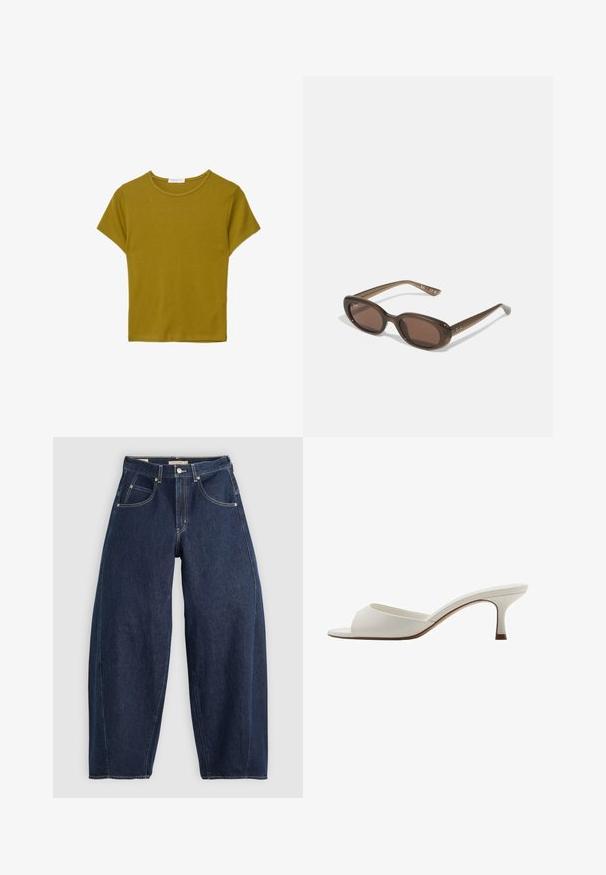 Kurzarm-T-Shirt mit Rundhalsausschnitt aus olivgrünem Baumwollstoff, mit lockerer Passform und glatter Textur. Keine Muster oder Verzierungen.; Dunkelblaue Denim-Jeans mit lockerer Passform, heller Naht, fünf Taschen und einem Knopfverschluss am Bund.; Weiße, offene High-Heel-Mules mit glatter Oberfläche, minimalistischer Gestaltung und schlankem Absatz, ausgestattet mit einem subtilen braunen Akzent auf der Sohle.; Braune ovale Sonnenbrillen mit dunklen Gläsern. Das Gestell besteht aus einem transparenten braunen Material und hat ein auf den Bügeln aufgedrucktes Logo.; Braune Lederhandtasche mit doppelten Griffen, goldenen Hardware-Akzenten und strukturiertem Design. Verfügt über eine zentrale Klappe mit einem Schlaufen-Detail.