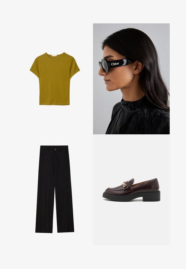 Dámské tričko s krátkým rukávem a kulatým výstřihem v olivově zelené barvě, vyrobené z bavlněné tkaniny, s volným střihem a hladkým povrchem. Bez vzorů nebo ozdob.; Široké černé kalhoty vyrobené z hladkého materiálu, s předními kapsami a zapínáním na knoflík v pase. Minimalistický design bez vzorů.; Hnědé kožené mokasíny se zlatou sponou, černým blokovým podpatkem a hladkým povrchem. Boční pohled ukazuje zaoblenou špičku a prošívané detaily.; Černé sluneční brýle s kulatými skly a výraznými, ostrými rámy, na boku s bílým nápisem "Chloé". Hladký, lesklý povrch.; Hnědá kožená kabelka s texturovaným povrchem, zlatými kovovými doplňky, horními držadly a odnímatelným ramenním popruhem; má přední klopu se zapínáním na sponu.; FERRAGAMO FERRAGAMO DUO MINI - Hodinky - silver-coloured/gold-coloured