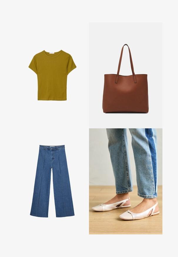 T-shirt med kort ärm och rund hals i olivgrön bomullstyg, med en avslappnad passform och mjuk textur. Inga mönster eller utsmyckningar.; Vidbenade denimjeans i medelblått, med hög midja, knäppning och kontrasterande vertikala sömdetaljer längst fram.; Ljust rosa slingback-lägenheter med spetsig tå, tillverkade av ett slätt läderliknande material. Har utskurna detaljer på sidorna och en platt häl.; Brun läder tote-väska med en slät textur, öppen toppdesign och två axelremmar. Har minimal söm och ingen synlig metalldetalj.
