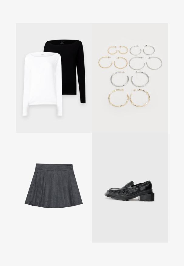 Due magliette a maniche lunghe. Una bianca e una nera, entrambe in cotone leggero con scollo a barca ampio e vestibilità slim.; Gonna a skater grigia a righe con cintura aderente, forma a trapezio svasata e texture di tessuto morbido. Le linee verticali aumentano l'interesse visivo.; Mocassini in pelle nera con suola strutturata, caratterizzati da un tacco a blocco leggermente sollevato e una tomaia texturizzata, fissati da una cintura frontale.; Set di dodici orecchini a cerchio in tonalità argento e oro. Include design attorcigliati, lisci e testurizzati con varie dimensioni e finiture.