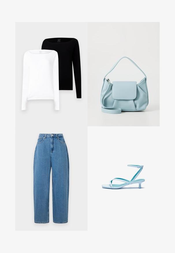 Dwie bluzki z długim rękawem. Jedna biała, a druga czarna, obie wykonane z lekkiej bawełny, z szerokim dekoltem w łódkę i dopasowanym krojem.; Jasnoniebieskie dżinsowe spodnie o prostym kroju, wysokim stanie i zapięciu na guzik z przodu. Posiadają pięć kieszeni i minimalne detale szycia.; Jasnoniebieskie sandały na cienkich paskach z kwadratowym noskiem, niskim obcasem, regulowanym paskiem na kostkę i gładkim, błyszczącym wykończeniem. Skrzyżowane paski na podeszwie.; Jasnoniebieska skórzana torebka na ramię z górnym uchwytem, przednią kieszenią na klapkę oraz odczepianym paskiem na nadgarstek na białym tle.